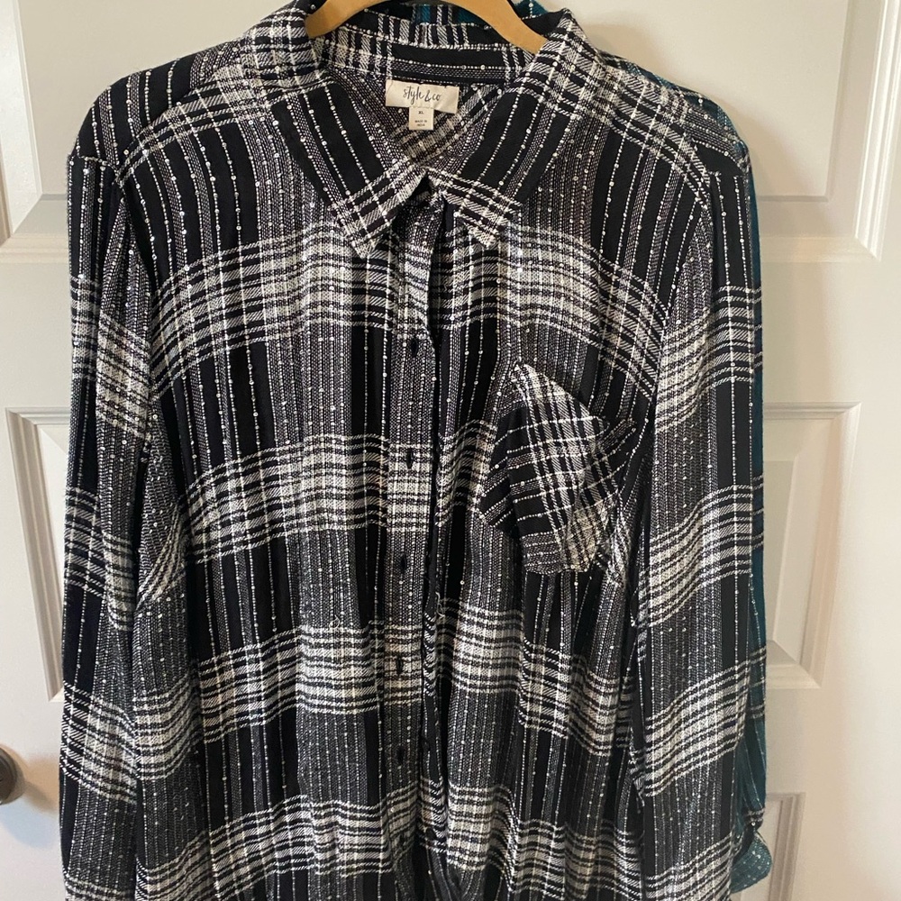 Style & Co. Black and White Plaid Blouse